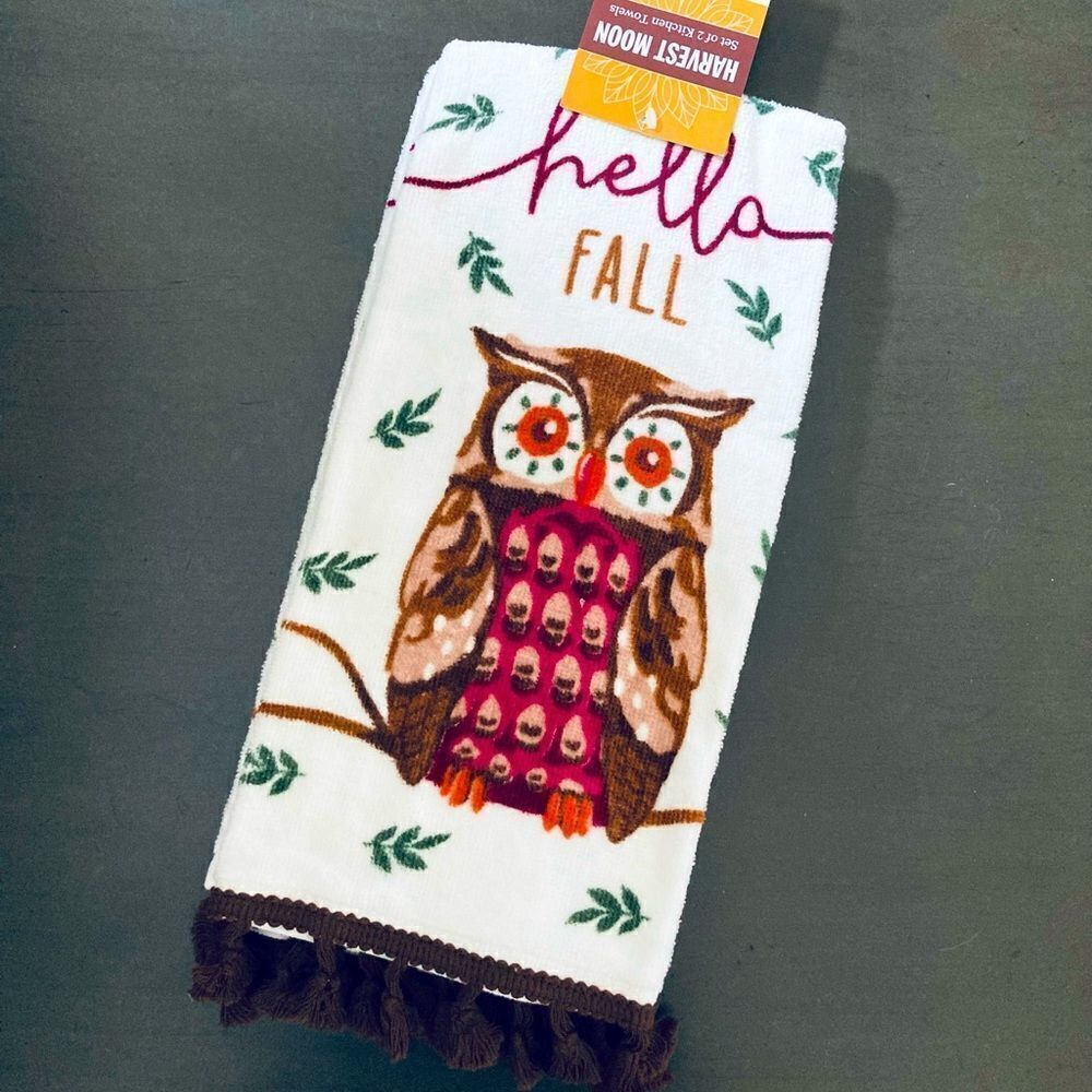 NWT Fall Owl Tassel Kitchen Dish Towels Set